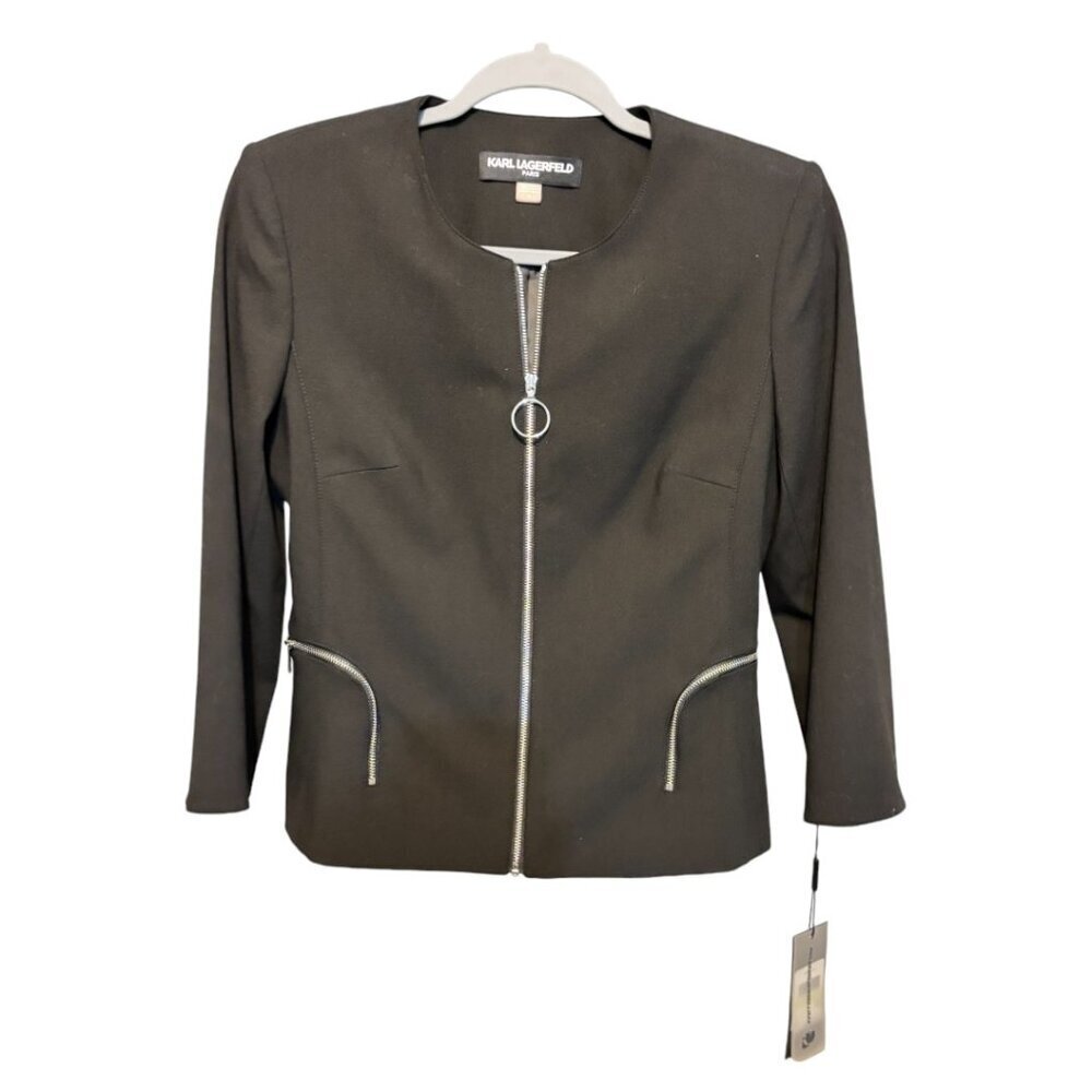 Karl Lagerfeld Zip Front Cropped Black Blazer